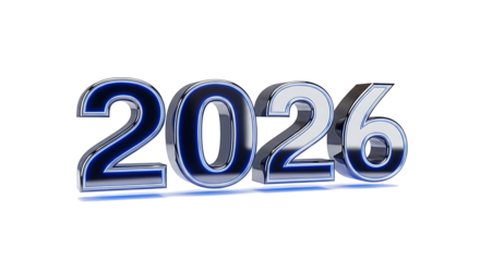 Shiny chrome metallic 3d numbers 2026 with a subtle blue glow isolated on transparent background