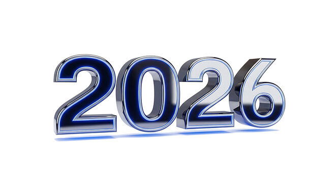 Shiny chrome metallic 3d numbers 2026 with a subtle blue glow isolated on transparent background