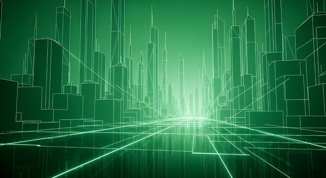 Futuristic urban landscape illustration with a green wireframe grid, city buildings, and technological elements - Powered by Adobe