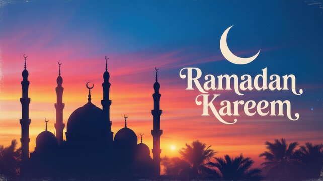 Ramadan kareem greeting with a mosque silhouette against a vibrant sunset sky and crescent moon