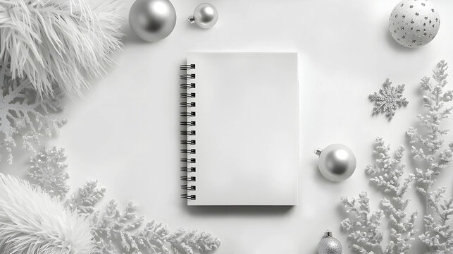Blank notebook on white Christmas background with silver decorations and snowflakes - Powered by Adobe