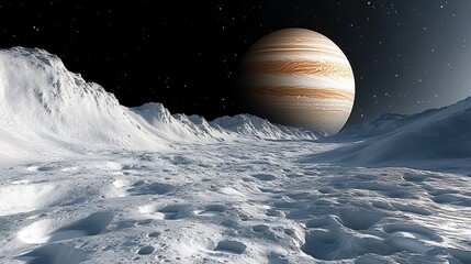 Jupiter is visible over a rugged, snow-covered alien landscape with a dark, starry sky in the background.