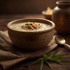 Rich and creamy Sheer Khurma made with vermicelli, milk, dates, and nuts, served in a rustic bowl with a brass spoon and embroidered cloth, capturing festive Eid tradition.