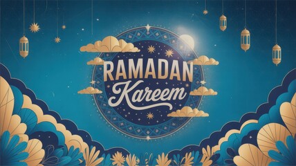 Ramadan kareem greeting with islamic lanterns, clouds, and ornate decorations on a blue night sky background