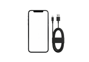Sleek black smartphone with blank screen, coiled black charging cable on transparent background, soft shadowless studio lighting, 45-degree close-up concept of modern minimalism.