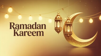 Ramadan kareem greeting with a golden crescent moon, lanterns, and string lights