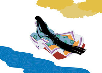 日本の歴史的伝統衣装「袿」を着た後ろ姿の女性。雲と川の背景イラスト