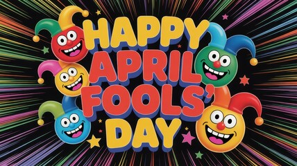 Happy april fools day greeting with funny clown faces and colorful exploding background