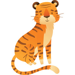 Cute Cartoon Tiger Sitting In Profile View With Transparent Background And Warm Orange Colors