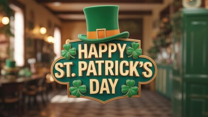 Happy st patricks day sign with green hat and shamrocks in a pub setting