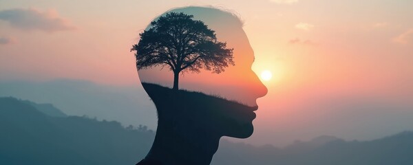 Human head silhouette filled with a tree and sunset landscape. Concept of inner peace, nature connection, mind wellness. Silhouette art symbolizes mental health meditation awareness.