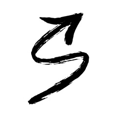 Black ink brush stroke arrow pointing upwards and right, indicating direction or progress.