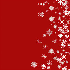 A festive Christmas decoration frame with delicate snowflakes, a red background, and red ornaments on the sides, arranged in a flat lay, top view style with plenty of space for your holiday
