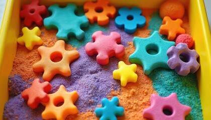 Colorful sensory toys, kinetic sand fill yellow tray. Bright shapes like stars, gears, flowers lay on soft textured sand. Kids play items for child therapy, learning, tactile development, autism.