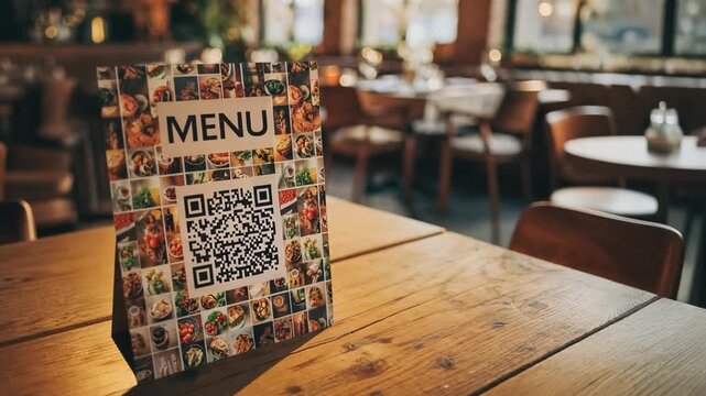 Close-up of a restaurant table sign with a QR code menu, surrounded by delicious food dishes, in a cozy cafe interior with warm bokeh lights.