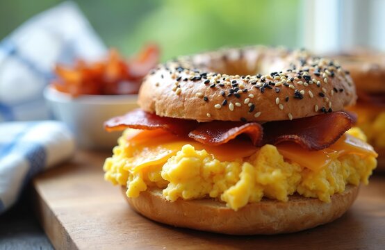Bagel sandwich with scrambled eggs cheddar cheese and crispy bacon slices. Delicious breakfast meal with sesame seeds on bun. Served on wooden board with side of fried bacon.