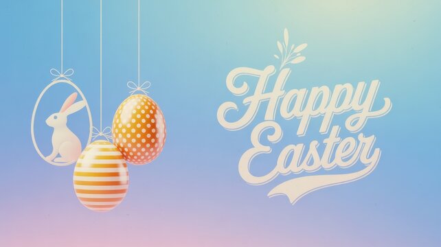 Happy easter text with hanging decorative eggs and a bunny silhouette, celebrating the christian holiday and spring season