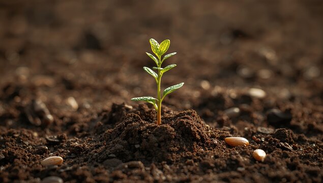 Small plant resting on a mound of soil, showcasing growth potential