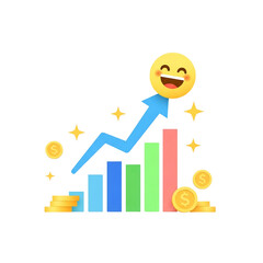 Business growth chart with happy emoji isolated on transparent background, financial success concept