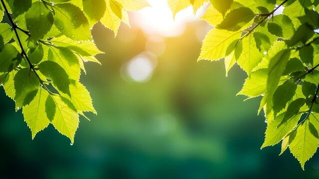 Vibrant green leaves with sparkling water drops, backlit by golden sunlight, symbolizing freshness and nature.