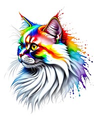 Colorful cat portrait with rainbow colors and artistic watercolor effect