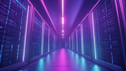 Server racks glowing with neon lights in data center - Powered by Adobe