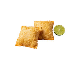 Two golden-brown crispy Brazilian pastels with a vibrant lime wedge on a matte white plate, isolated on a transparent background, professional food photography, concept of culinary perfection