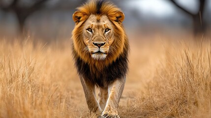 Magnificent male lion walking directly forward through golden savanna grasses on a blurred, natural background.