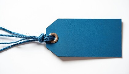 Blue blank tag tied with rustic twine isolated on white. Simple design elements for branding price labels. Perfect for product promotion or advertising campaigns in retail or online shops.