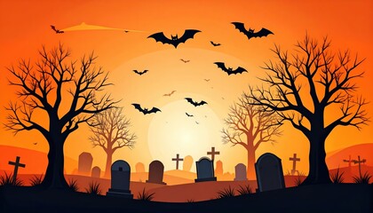 Naklejka premium Sunset Cemetery Scene With Bats, Bare Trees, And Cross Markers For Halloween Or Gothic Mood