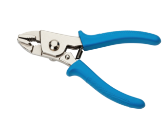Isolated wire stripping pliers, metal and blue plastic handled electrician's tool at eye level