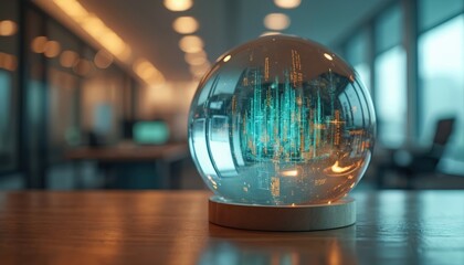 Crystal ball with holographic budget projections sits on office table. Conceptual image representing future predictions finance business forecasting planning investment. Futuristic tech vision