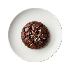 A single gourmet dark chocolate cookie with melted chunks and coarse sea salt, perfectly centered on a transparent ceramic plate against a transparent studio background, minimalist product concept