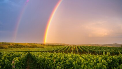 Fototapeta premium Vibrant rainbow arching over lush vineyards, seasonal change