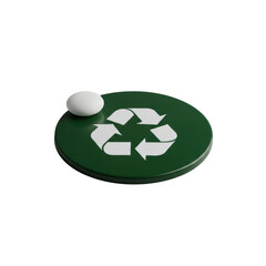 Sleek dark forest green circular disk with matte white recycling symbol, a smooth river stone, seamless transparent background, 45-degree view, clean minimalist eco-concept