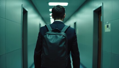 Man in suit with backpack walks down dim office hallway. He moves with purpose, possibly late for work or a meeting. Represents modern business commute and professional journey.