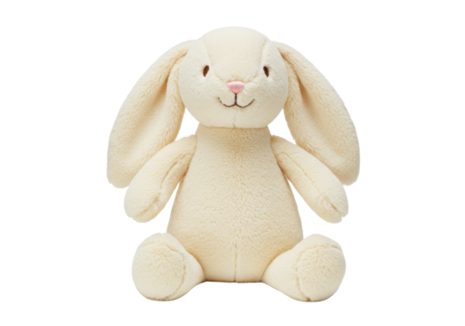 Isolated stuffed bunny toy animal for a child, soft adorable plush rabbit sitting up alone