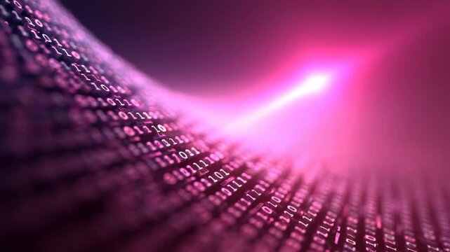Abstract technological background showing a flowing stream of binary code data in a vibrant pink light, representing the concept of big data, network communication, and digital information