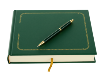 Isolated Green leather bound book journal with pen writing concept, memory keeping, business notes