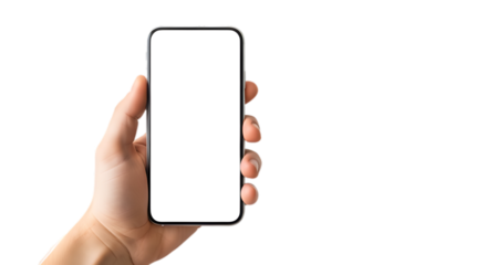 Hand holding smartphone with blank screen mockup