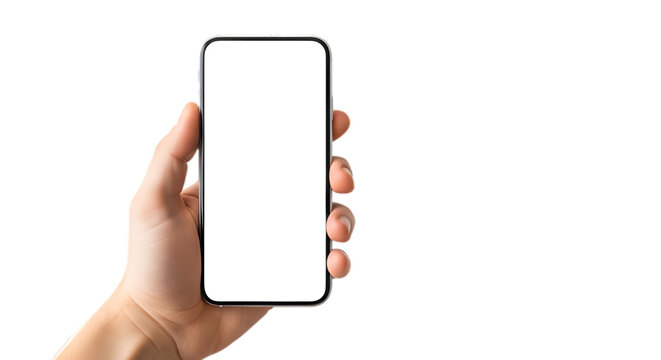Hand holding smartphone with blank screen mockup