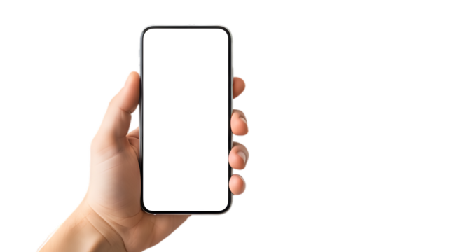Hand holding smartphone with blank screen mockup