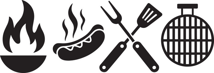 Grilling Icons Set &ndash; Black Silhouettes of BBQ Tools, Hot Food, and Flame for Outdoor Cooking Design