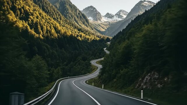 Serpentine mountain road journey through lush alpine forest with majestic peaks