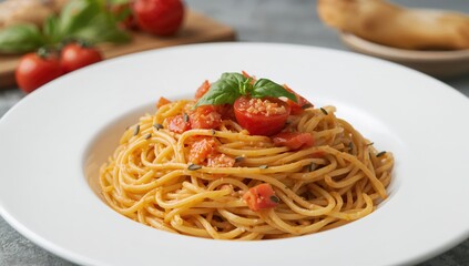 Stir-fried macaroni with tomato, chile, pepper seeds, and basil served on a white platter, fiber-dense choice