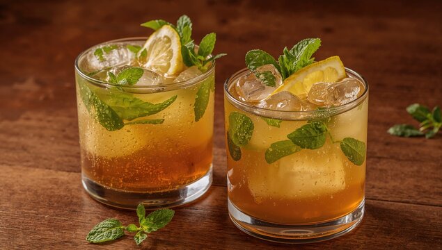 Two glasses of classic iced tea garnished with lemon and mint leaves, refreshing beverage choice
