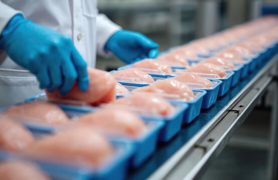 Worker packages raw chicken breasts on automated line in modern food processing plant. Blue gloves ensure hygiene during food production. Meat industry and poultry farming concepts.