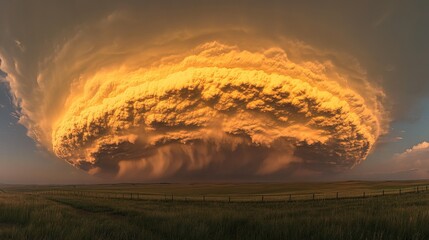 Massive storm cloud looms ominously over a vast grassy field, creating a dramatic atmospheric spectacle during daylight.