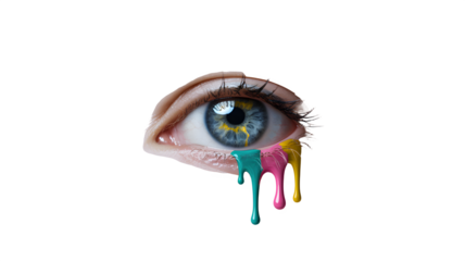 Closeup of a human eye with colorful paint dripping down, a creative and artistic representation of vision and emotion