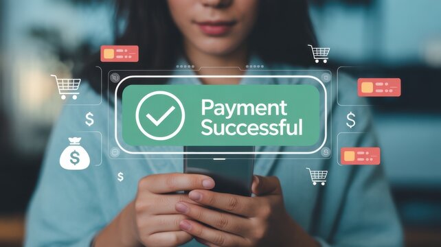 Woman holding a smartphone with a successful payment confirmation, surrounded by shopping and currency icons, indicating online transaction